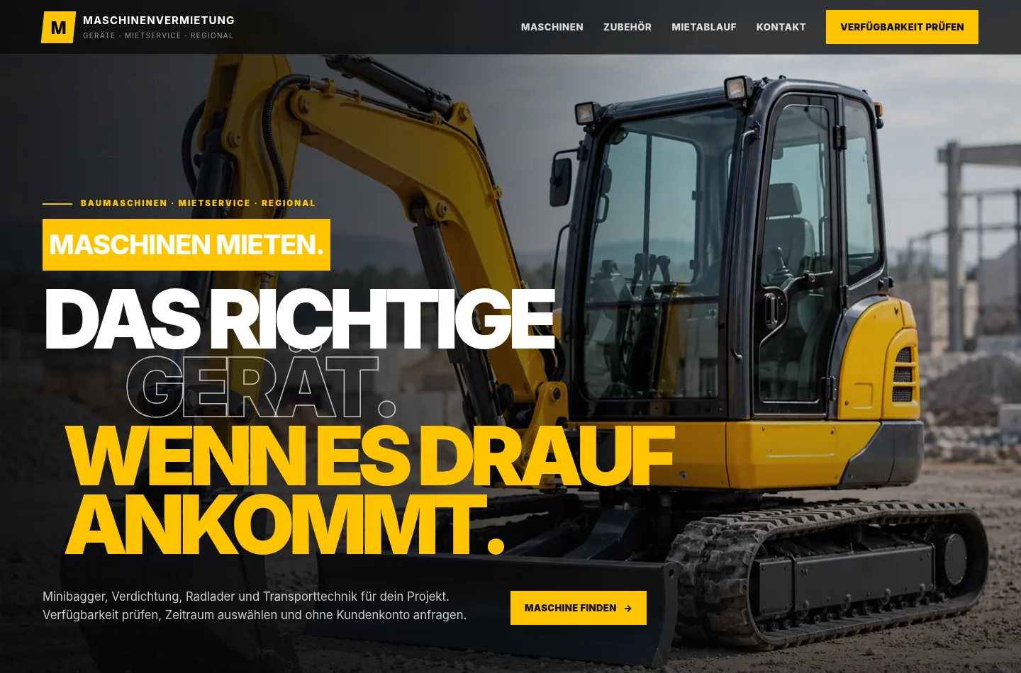 Anonymisierte Ansicht einer Gerätevermietung mit Maschinenbild und Reservierungsfunktion